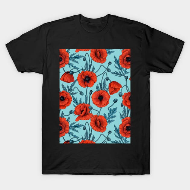 Poppies, red and blue on pool blue T-Shirt by katerinamk